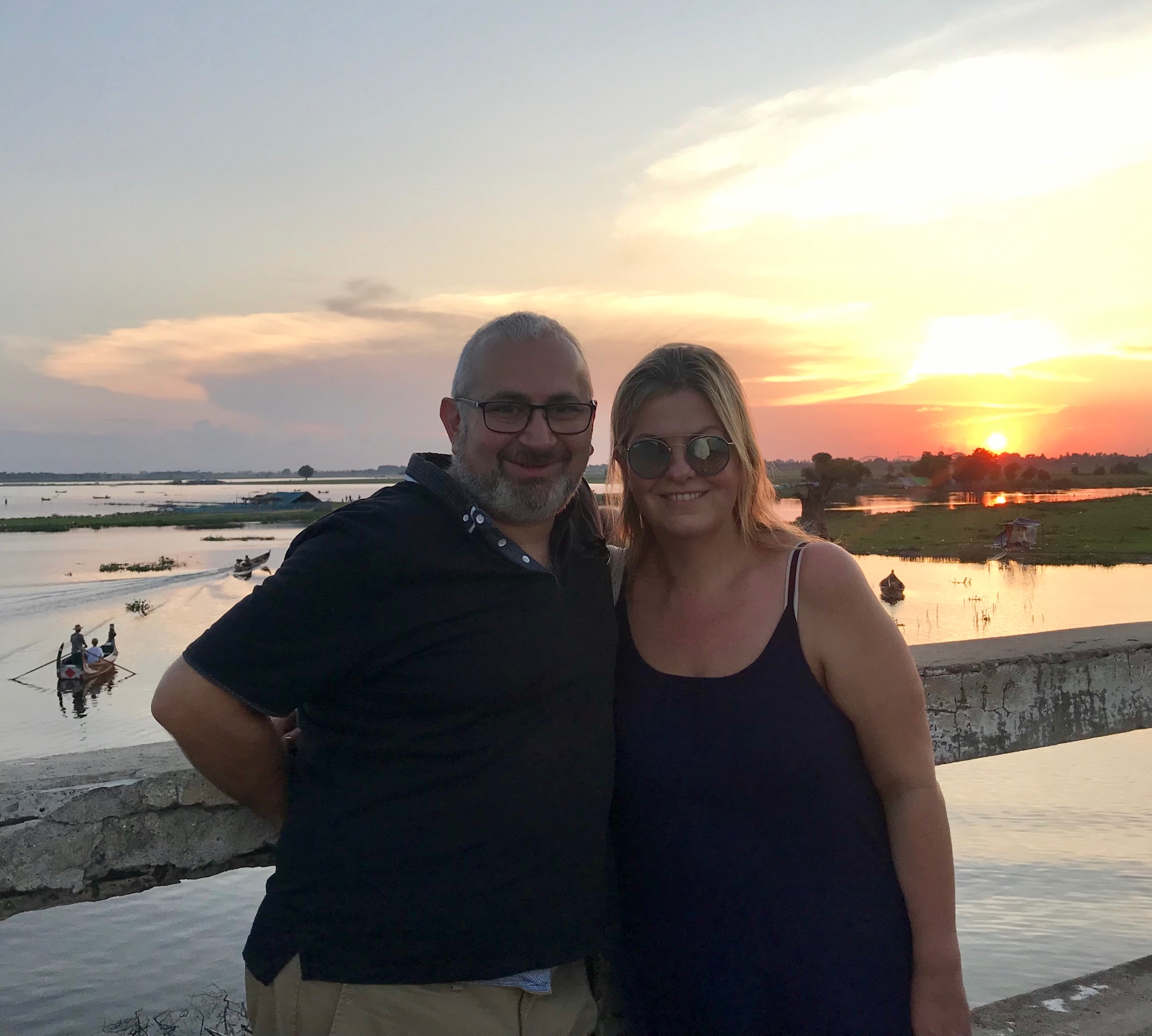 Alison and Tony at sunset on U Bein Bridge, Mandalay